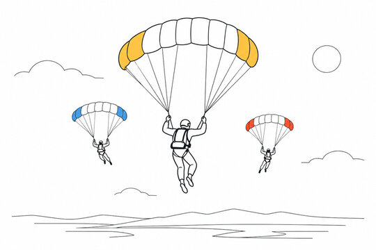 Minimalist Illustration of Skydivers with Colorful Parachutes in the Sky