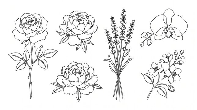 Flower Icon Set &ndash; Line Art Botanical Collection (Rose, Peony, Lavender, Orchid)