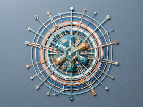 Colorful abstract geometric pattern with radial design and intricate shapes and lines