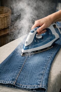 A person ironing a pair of jeans on a bed, a common household activity