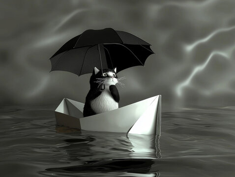 A black and white cat in a paper boat, holding an umbrella on dark, reflective water beneath a stormy sky