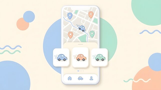 Mobile app interface for taxi booking service with map navigation and vehicle selection menu screen