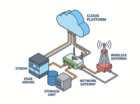 Cloud platform infrastructure connects edge servers and wireless antennas through a network gateway.