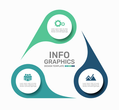 Three-step circular business infographic template featuring interlocking fluid teardrop pin shapes. Vector illustration.