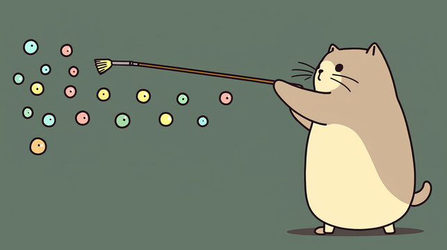 A cute cartoon cat holding a long brush, seemingly painting a collection of vibrant, colorful dots on a solid green background