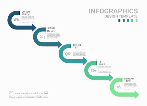 Five-step infographic template with a winding curved arrow line. Vector illustration.