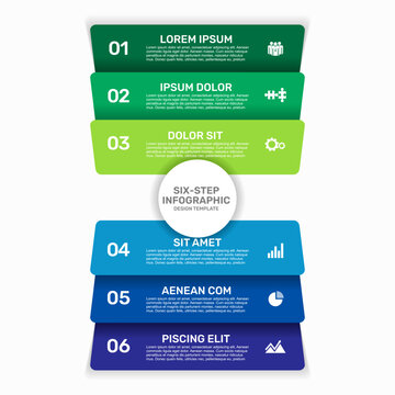 Infographic design template featuring stacked colorful rectangular banners with numbers, dummy text. Vector illustration.
