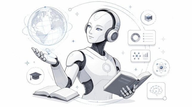Futuristic humanoid robot holding a glowing globe and reading a book with educational icons