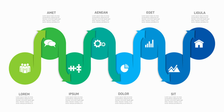 Eight-step circular infographic design template with overlapping elements, text, and directional arrows. Vector illustration.
