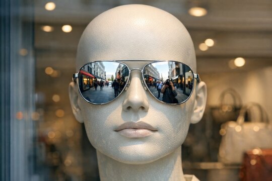 A mannequin head wearing sunglasses displayed in a store window