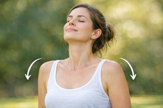 A woman takes a moment of peace, her eyes closed, wearing a white tank top