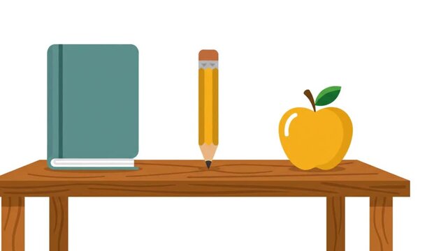 Minimalist vector illustration of a notebook pencil and apple on a wooden table education school