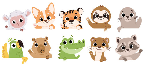 Fototapeta premium Cute animal character collection with friendly animals peeking out and waving paws. Lamb, fox, tiger, sloth, seal, parrot, capybara, crocodile, otter and raccoon in a playful cartoon style. Vector