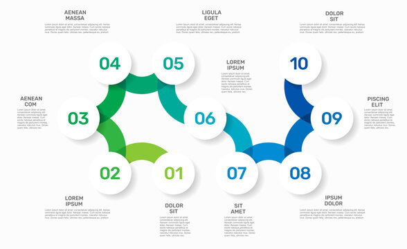 Circular infographics template with colorful steps and business icons for process workflow design. Vector illustration.