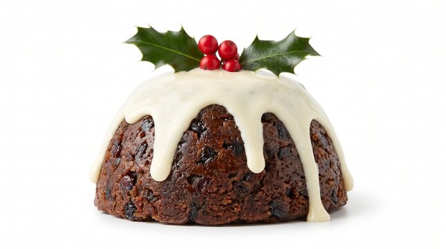Traditional Christmas Pudding with White Icing and Holly Sprig