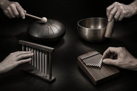 Hands Playing Therapeutic Sound Instruments with Kalimba, Steel Tongue Drum, Singing Bowl and Chimes. AI generative