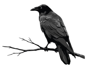 Obraz premium Black crow perched on a bare tree branch