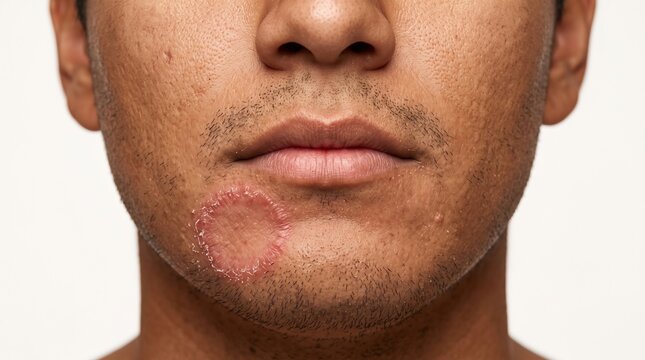 Close up of human male face chin with classic circular ringworm tinea fungal skin infection