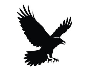 Obraz premium Black silhouette of a raven flying isolated on white