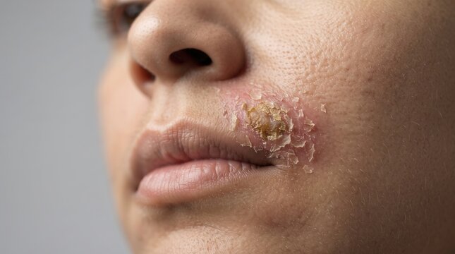 Close Up of Mouth with Severe Cold Sore Herpes Labialis or Impetigo Crust