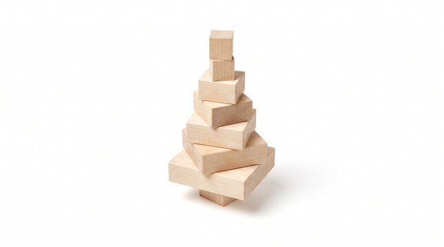 Minimalist Wooden Christmas Tree Stacked Blocks on White Background
