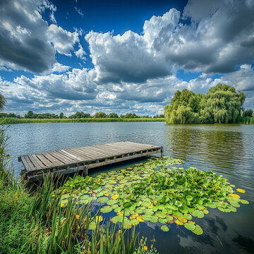 A tranquil lake features a wooden dock, lily pads, lush trees, and an impressive cloudy blue sky