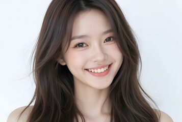 Fototapeta premium Beautiful Asian American Woman Smiling with Radiant Glowing Skin, Close Up Beauty Portrait of Cheerful Young Female Model isolated on White Background for Skincare, Cosmetics and Wellness Concept