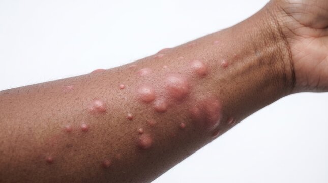 Close Up of African American Arm with Severe Hives Urticaria or Bug Bites
