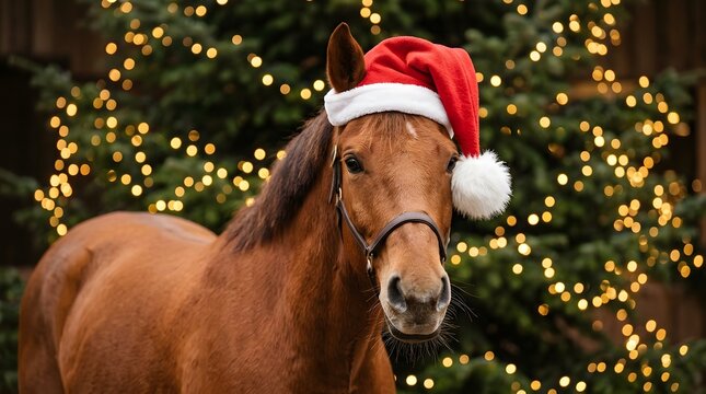 A festive equine friend a beautiful chestnut horse wearing a santa hat for christmas cheer