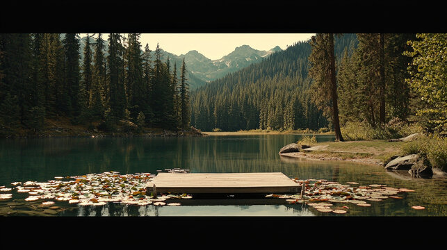 A wooden dock on a tranquil mountain lake surrounded by dense evergreen forests, with lily pads floating nearby and snowy peaks in the distance