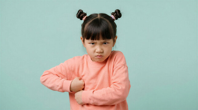 Young girl with pigtails scowling and flexing her arms with a defiant expression