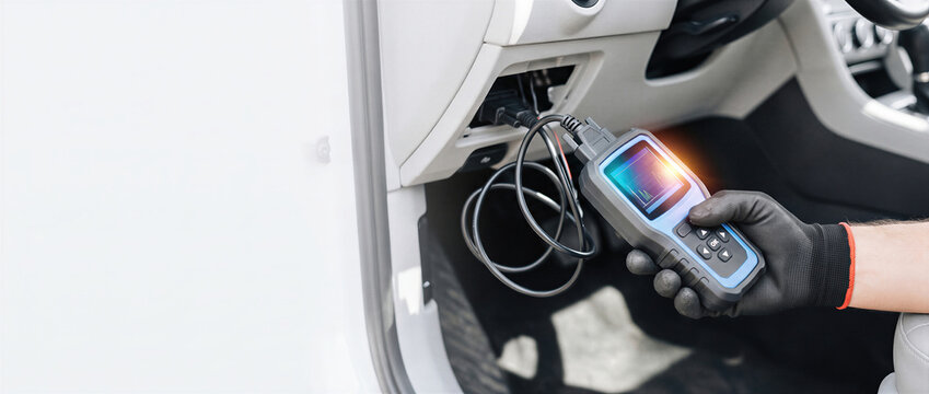 Mechanic in gloves holding car diagnostic scanner connected to vehicle obd port. Computer diagnostics and auto repair service. Banner with copy space