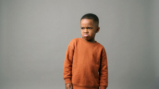 Young boy pouting with a defiant expression and furrowed brow