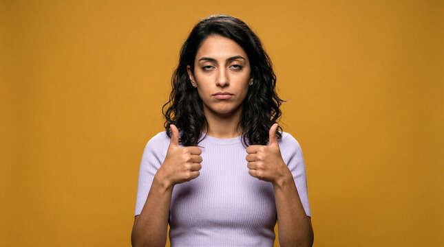 Woman giving sarcastic thumbs up with rolling eyes on yellow background