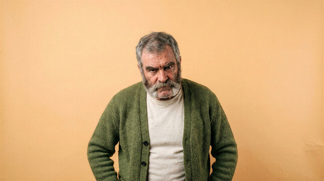 Stoic elderly man with gray beard and intense gaze looking forward