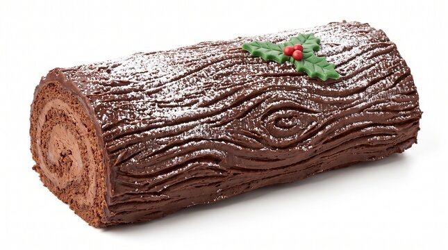 Chocolate Christmas Yule Log Cake with Holly Decoration on White