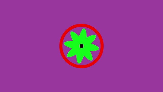 Abstract green flower shape rotating inside a red circle on a purple background