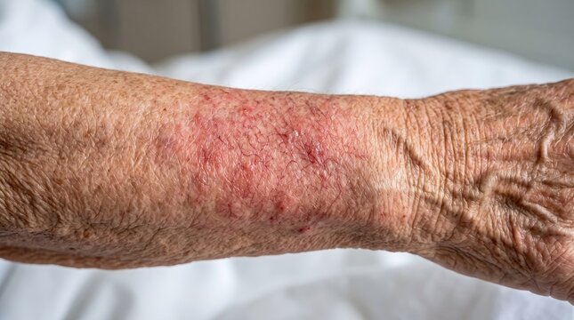 Close Up of Senior Arm with Severe Dermatitis Cellulitis or Thinning Skin