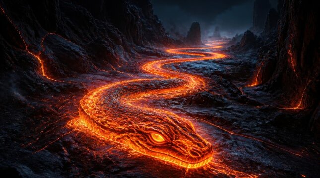 Giant serpent made of glowing hot magma slithering through dark volcanic canyon