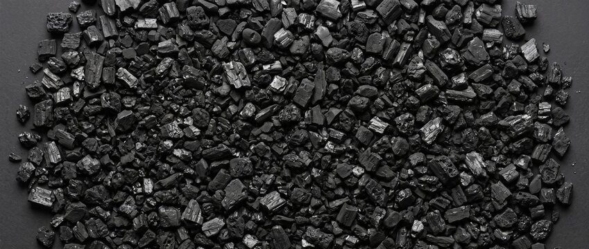 Activated carbon granules on dark background. Black charcoal pieces texture for filtration and purification concept