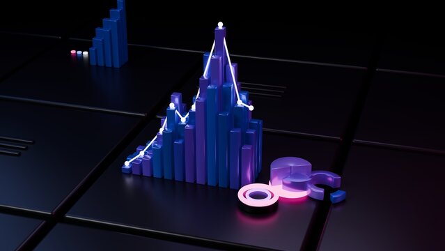 3D financial data visualization featuring glowing neon charts and diagrams representing market growth trends and corporate business statistics
