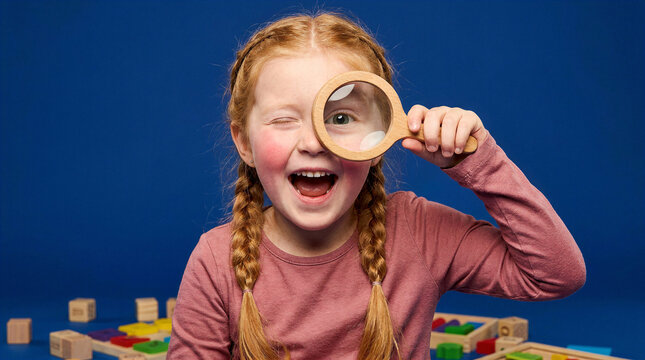 Curious young girl with red braids peers through a magnifying glass