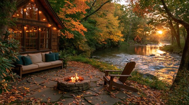 Cozy rustic wooden cabin with a fire pit and patio overlooking a river in autumn