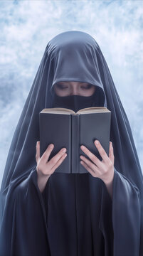 Muslim woman in black niqab reading book. Middle Eastern female student studying against foggy background.