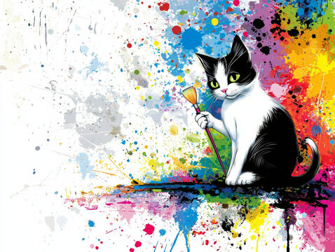 Black and white cat with green eyes holds a paintbrush, surrounded by vibrant multicolored paint splatters on a white background