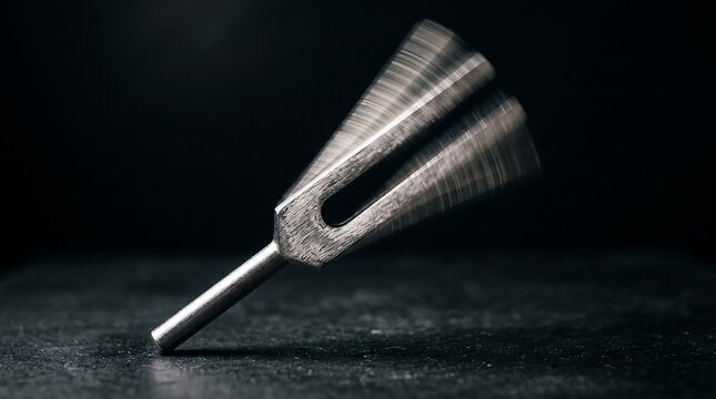 A Metallic Tuning Fork with a Distinctive Sound Wave Shape on a Dark Background