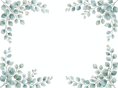Watercolor Eucalyptus Leaf Frame Border on White Background with Copy space