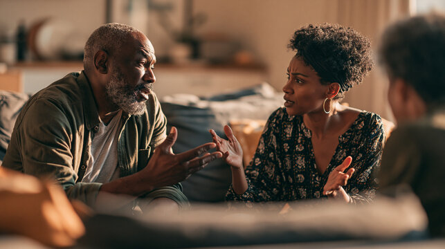 Couple, fight and and angry in lounge, talking or African people with bad communication and disagree. Home, mature man and argument with woman in living room, discussion and unhappy in toxic marriage