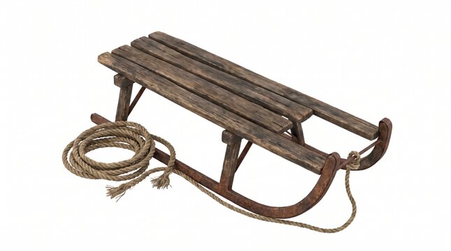 Vintage Wooden Sled with Rope Isolated on White