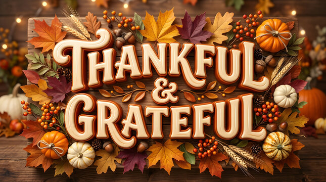 A beautiful thanksgiving image featuring the words thankful and grateful surrounded by autumn leaves pumpkins and rustic wooden decorations